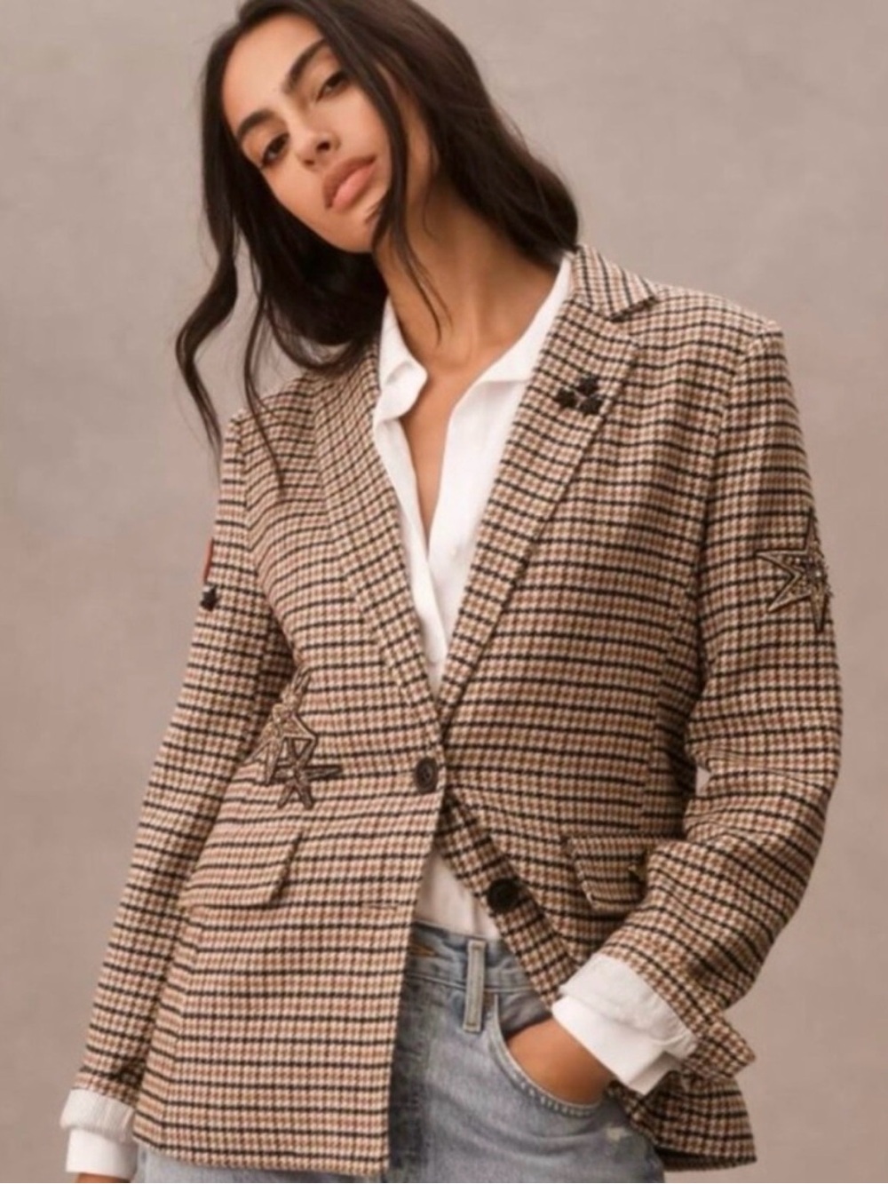 Anthropologie Tweed Plaid Blazer in Brown and Black with Beaded Appliqués